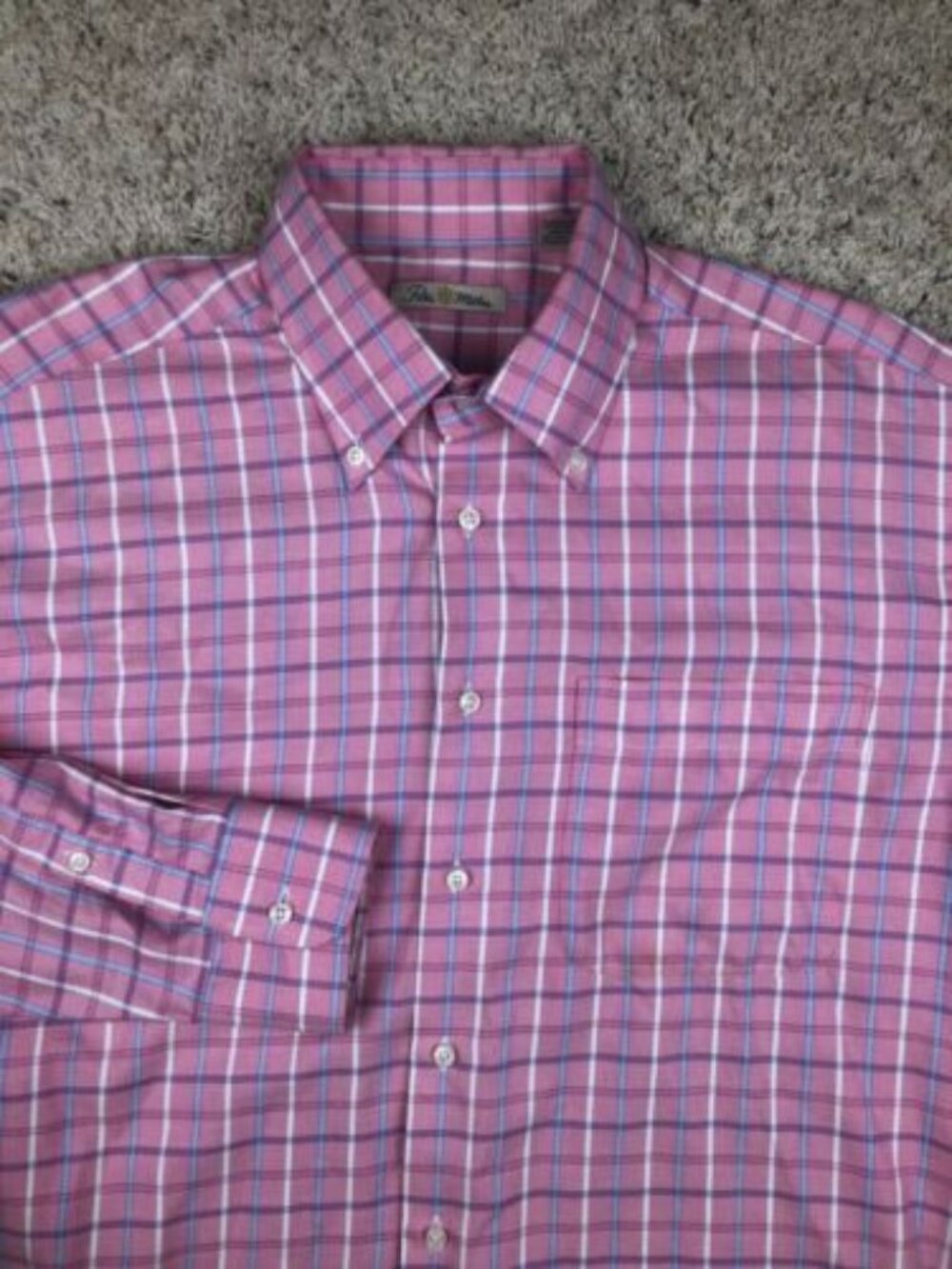 Peter Millar Button Up Shirt Mens Large Pink Check Long Sleeve Cotton Dress Shrt